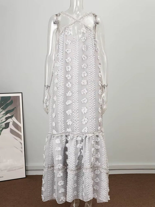 2022 Elegant Slip Holiday Hollow Out Sundress Sleeveless Halter Maxi Summer Dress for Women Fashion Ruffle Beach Long Robe