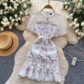 Elegant Summer Lace Dress for Women with Floral Embroidery, Diamond Buttons, Belted Waist, and Ruffle